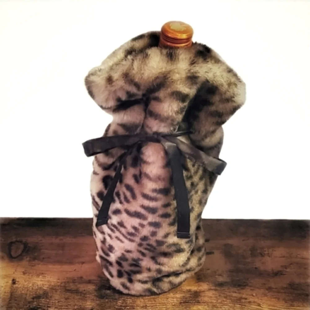 Wine Tote Bag Faux Fur Leopard Print With Bow
